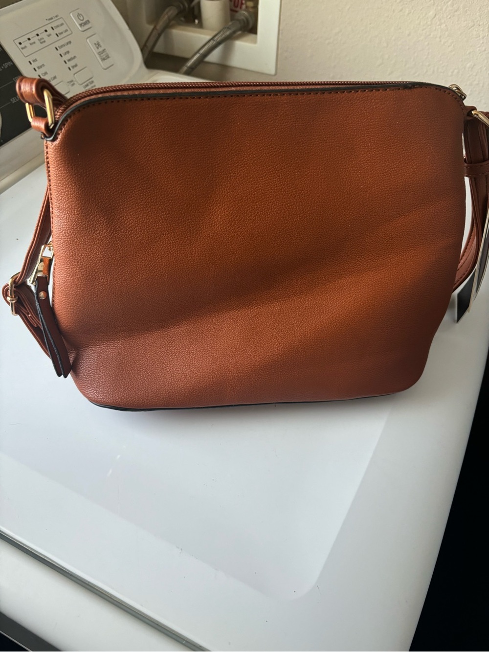 Vegan Leather Leopard Accent Crossbody Bag - Brown - Picture 2 of 3